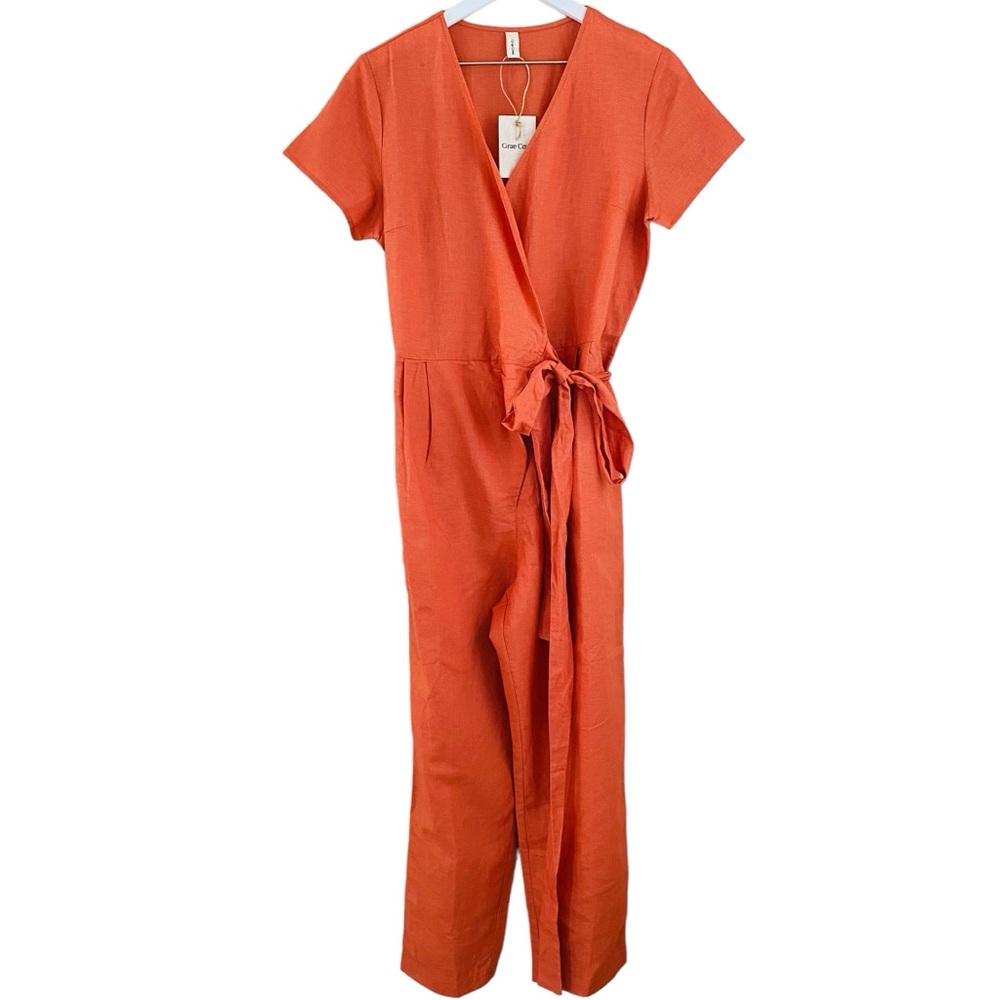 Grae Cove NEW Coral Orange Belted Wrap Style Lightweight‎ Jumpsuit Size Small - Picture 2 of 12